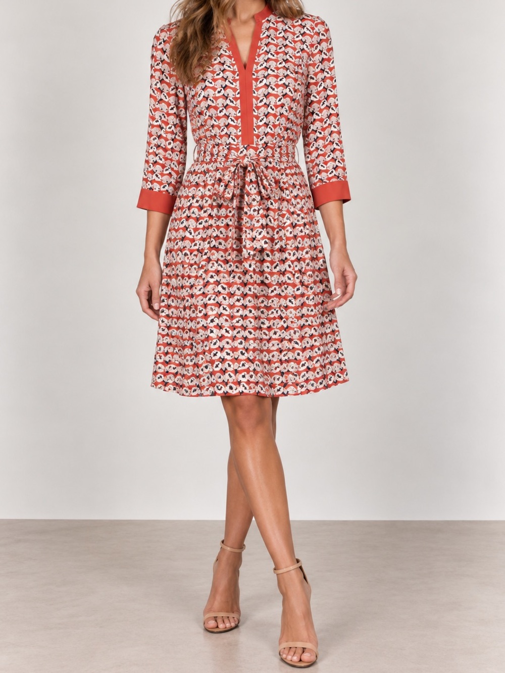 Tory Burch 100% Silk Dress Coral Retro Geo Floral Print Cream Belted US 6 $398